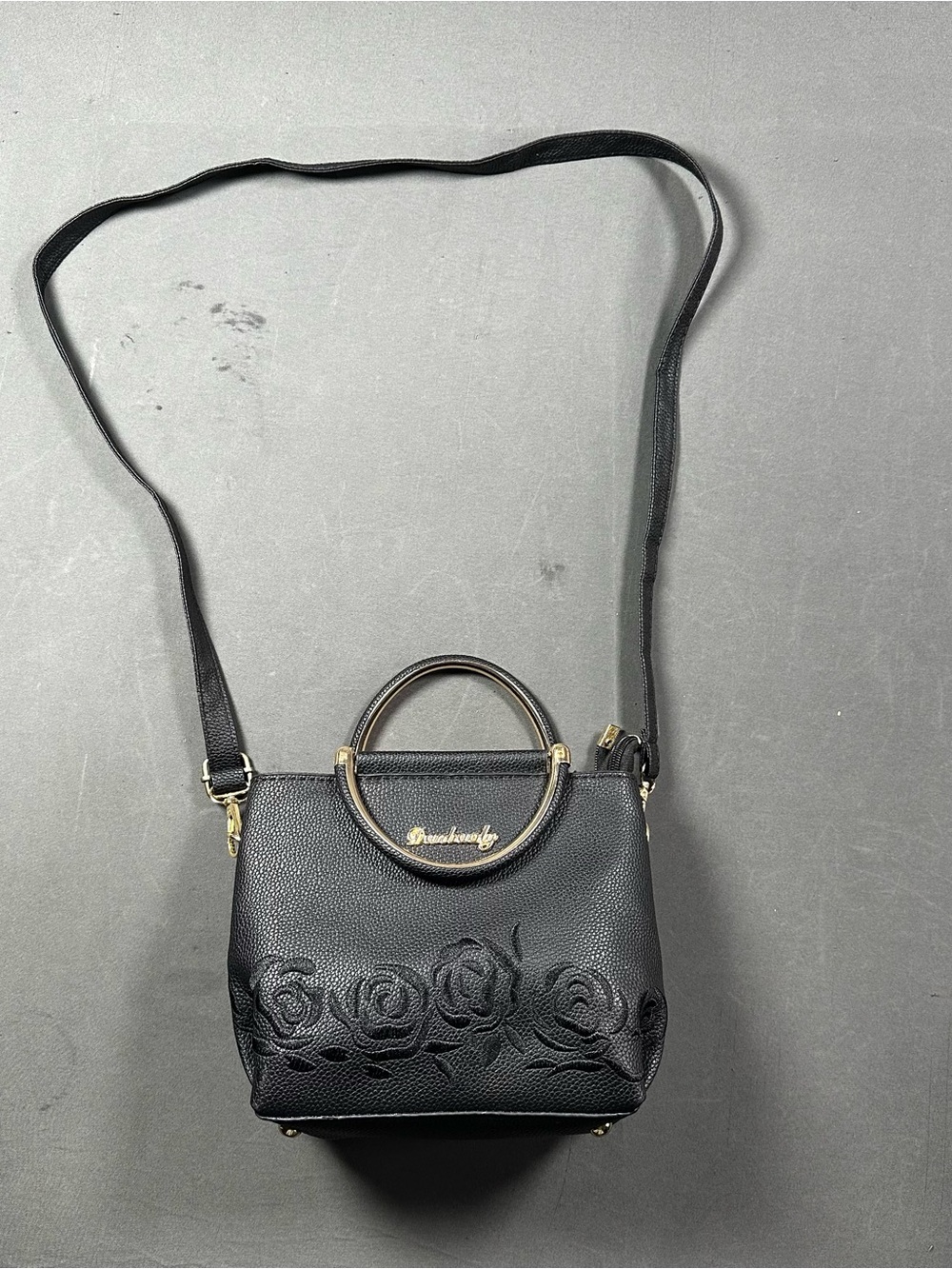 Danbaoly Black Floral Embossed Leather Crossbody and Handbag Gold Ring Handles